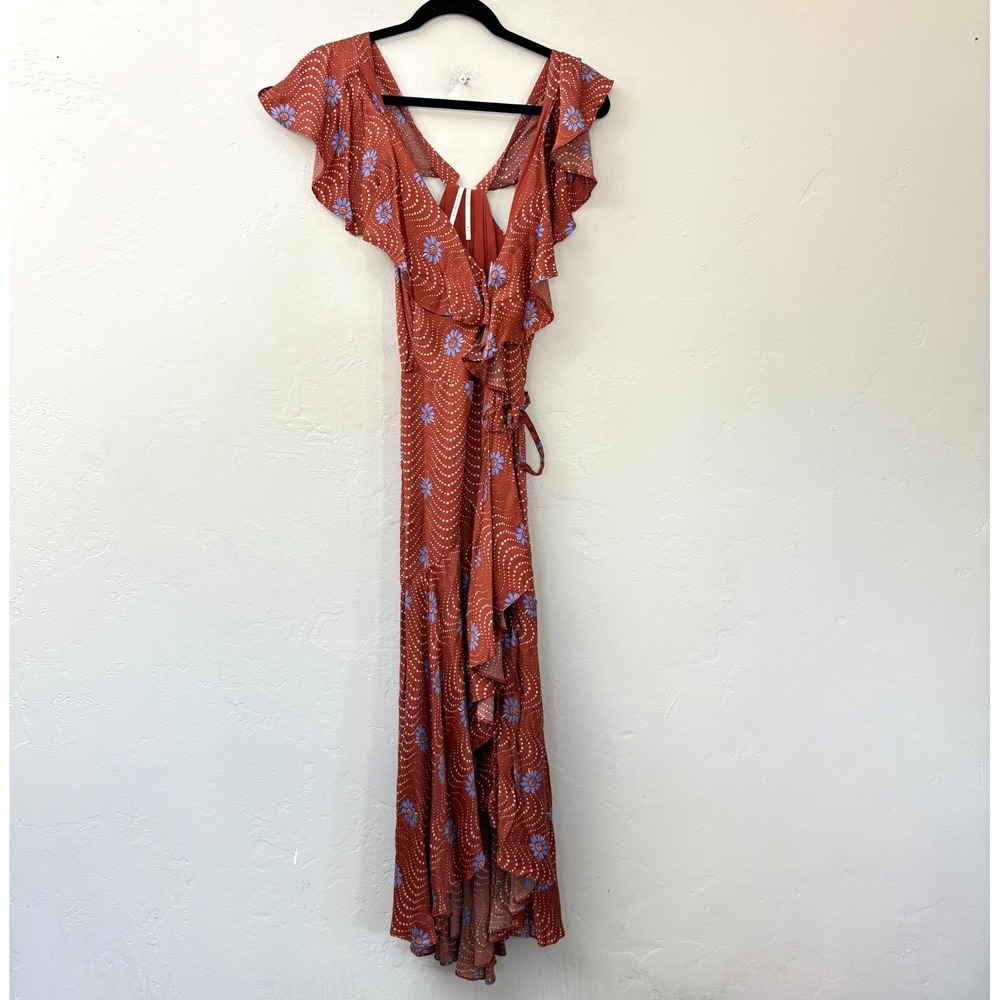 Anthropologie Ruffle Sleeve Wrap Dress Women Size Small Brown Blue Floral New